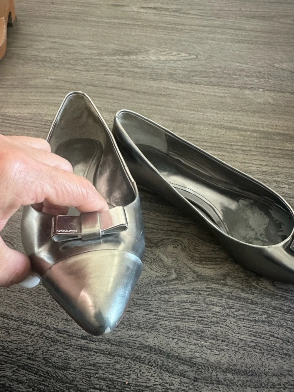 Coach Metallic Silver Pointed Toe Flats with Bow‎ Detail
